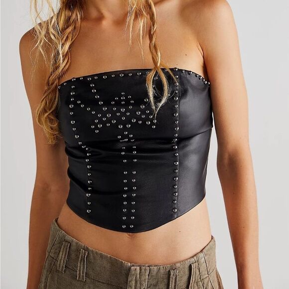 Free People Leather Corset Top Adrianna Crop Black Studs Strapless Size XS NEW - Picture 2 of 7